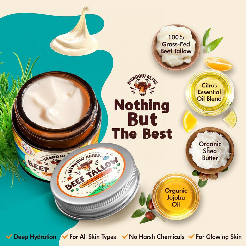 Beef Tallow for Skin - Moisturizer Cream - 100% Grass Fed - Whipped Beef Tallow - Organic Jojoba Oil - Organic Shea Butter - Supports Eczema, Rosacea+ - Made in USA - Citrus Breeze - 4 oz