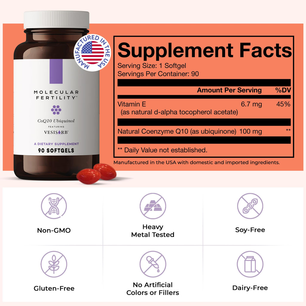 Molecular Fertility CoQ10 Ubiquinol with VESIsorb - Coenzyme Q10 Kaneka QH Ubiquinol Form 100mg Supplement for Women & Men - High Absorption, Reproductive Wellness & Fertility Support - 90 Softgels