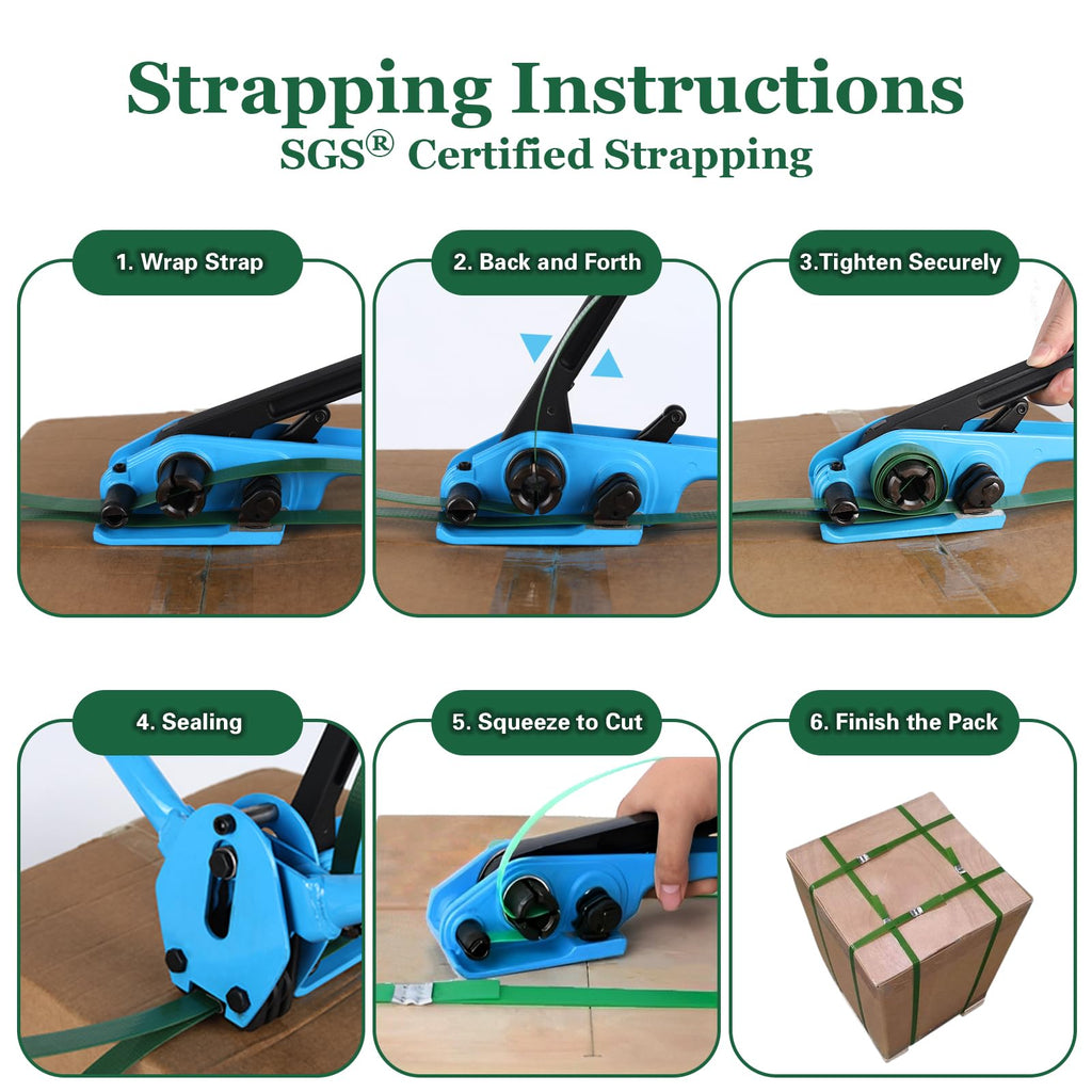 WCM Strapping Banding Strapping Kit, Pallet Strapping Kit, Packaging Banding Tool with 5/8" Width, 1000' Length Polyester Strapping Coil Roll and Dispenser Box – Heavy Duty Certified 1200 lbs Break