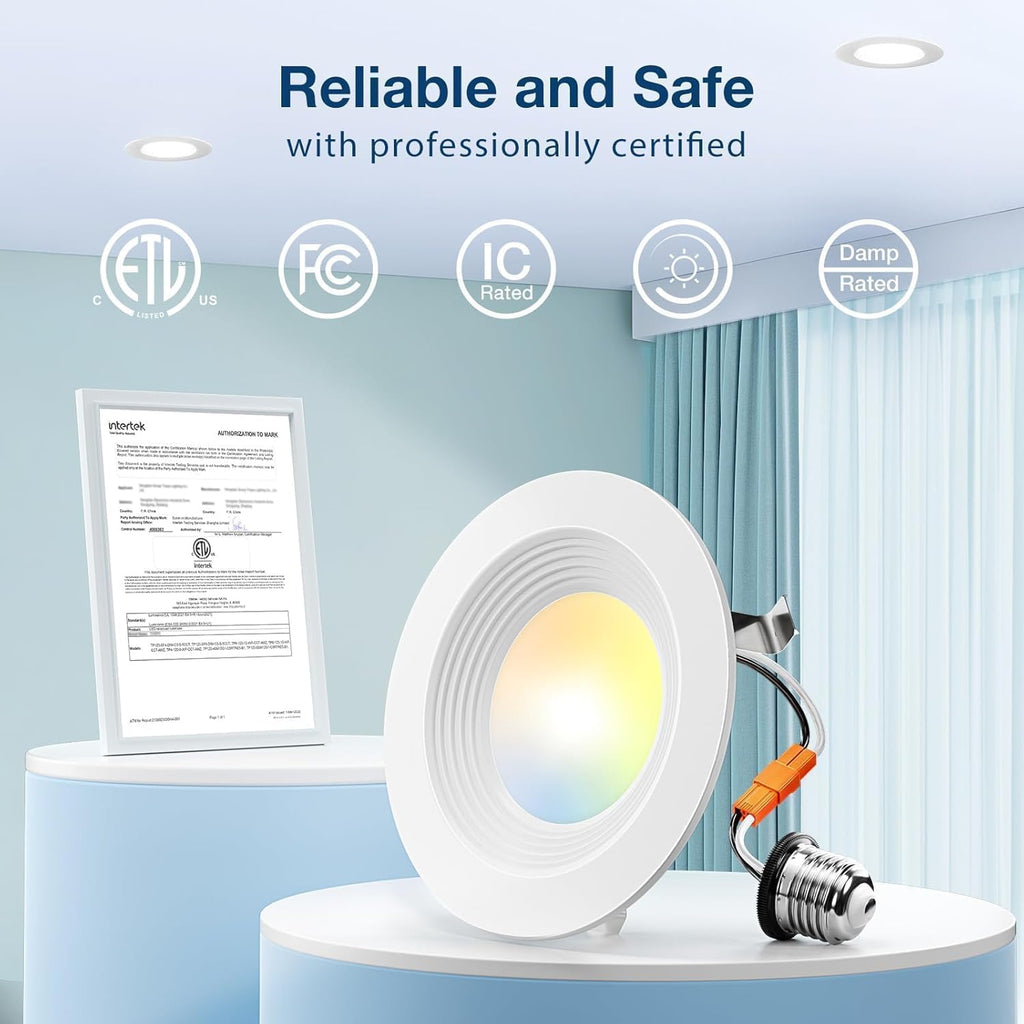 Amico 4 Pack 4 inch 5CCT LED Recessed Lighting, Dimmable, 8.5W=60W, 650LM, 2700K/3000K/4000K/5000K/6000K Selectable, Retrofit Can Lights with Baffle Trim, IC Rated - ETL & FCC, White