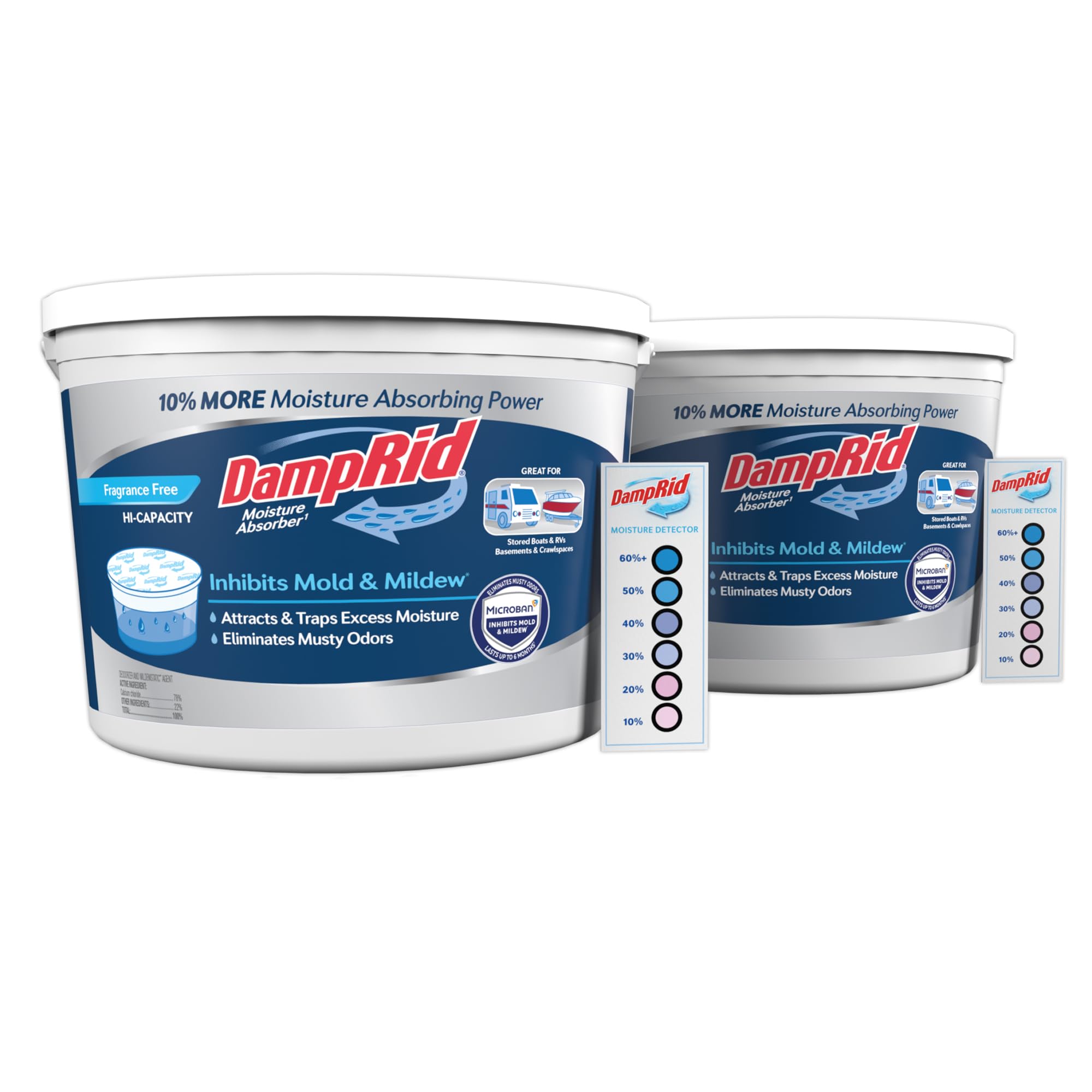 DampRid Hi-Capacity Moisture Absorber Bucket, Fragrance Free, 2 lb. 15.5 oz. & Moisture Detection Strip (2 Pack), Attracts & Traps Excess Moisture