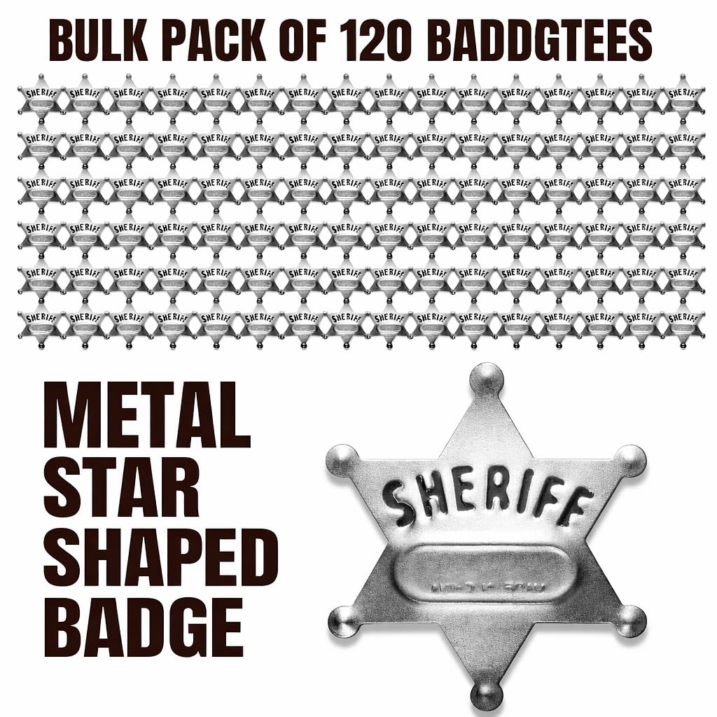 Bedwina Metal Sheriff Badges - (Pack of 24) Silver Star Name Badges with Stickers for Personalized Names, Western Cowboy Dress Up Deputy's Badge Toys for Kids Birthday Party Favors, Giveaways & More