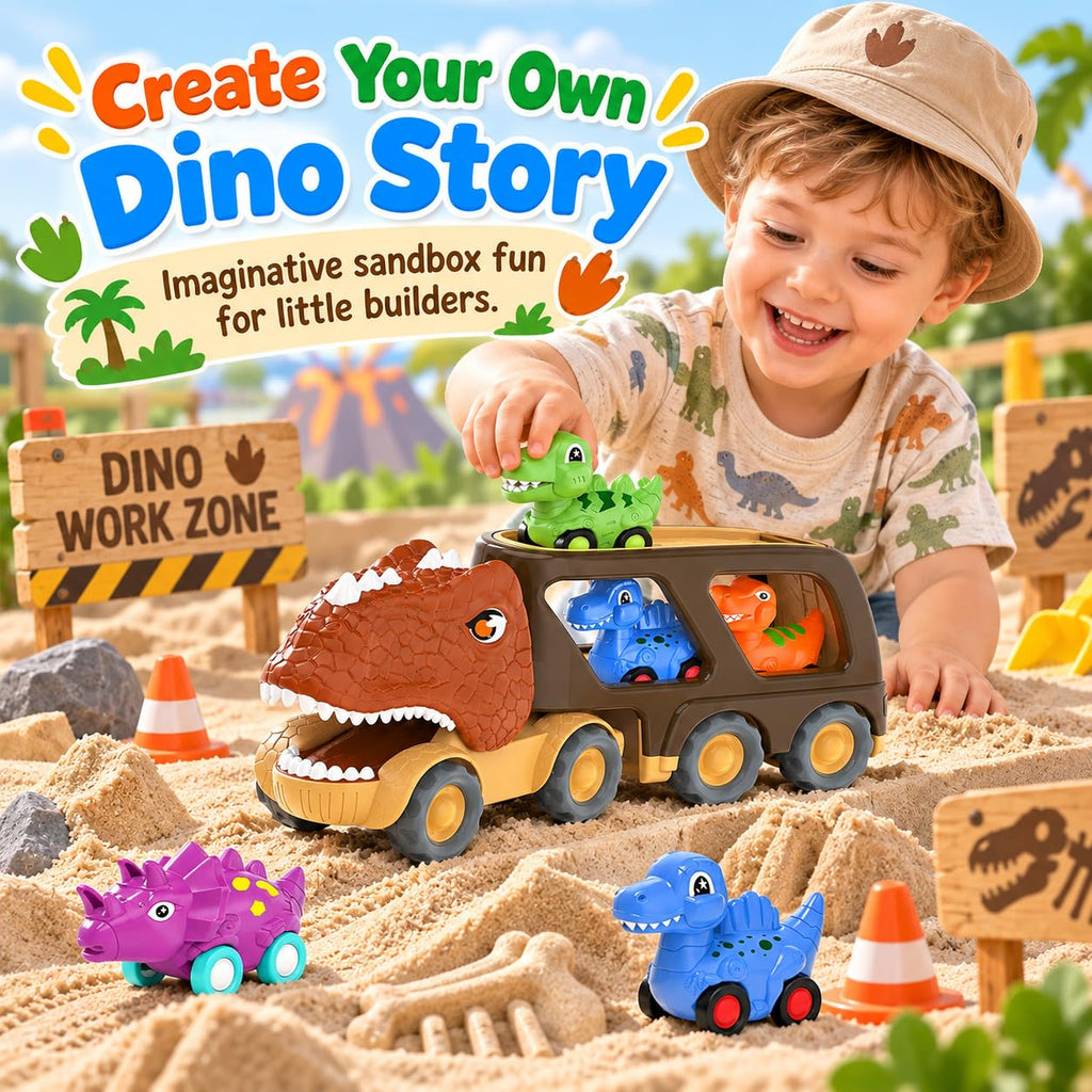Veslier Dinosaur Car Toy for 2 3 4 5 Years Old Boys, Friction Power Carrier Truck with 4 Pack Small Pull Back Dino Car, Christmas Birthday Gift for 18+ Months Boy Girl Kids Toddlers