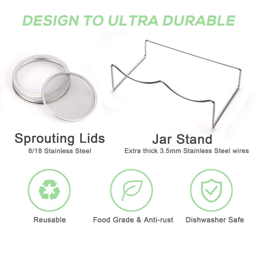 Sprouting Jar Kit-2 Wide Mouth Quart Mason Jars with 316 Stainless Steel Screen Sprout Lids, Drip Tray, Stand | Seed Sprouter Set for Growing Broccoli, Alfalfa, Mung Bean