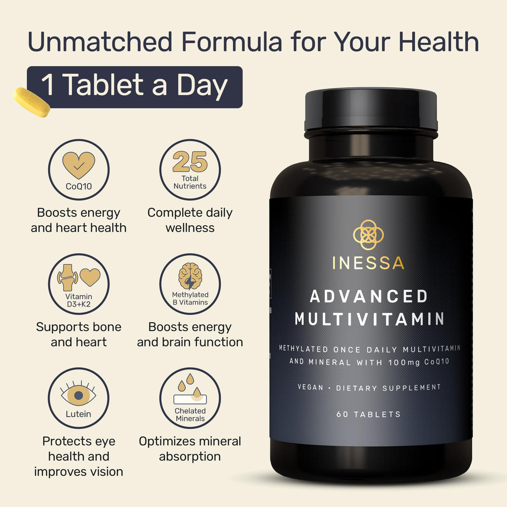 Inessa Methylated Multivitamin for Men and Women - Advanced Natural Daily Mens Multivitamins with CoQ10 100mg, Vitamins D3, K2, A, B Complex Vitamins, Folic Acid & Zinc - 60 Vegan Tablets