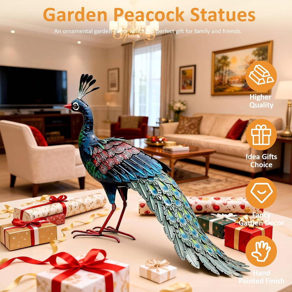 Kircust Outdoor Metal Peacock Statue, 24" L