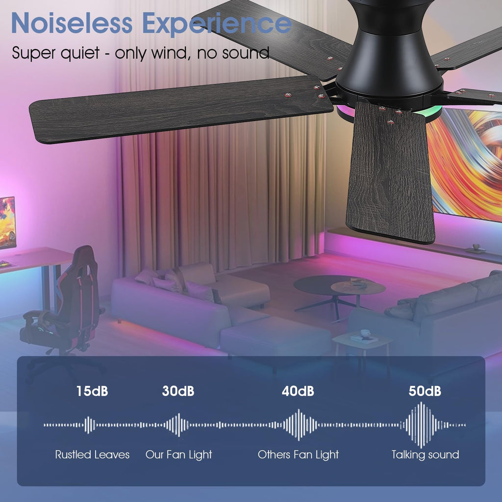 Goniyado 52" RGB Ceiling Fans with Lights and Remote/APP,Black Low Profile Ceiling Fans,Modern Flush Mount Ceiling Fans for Bedroom Kids Room