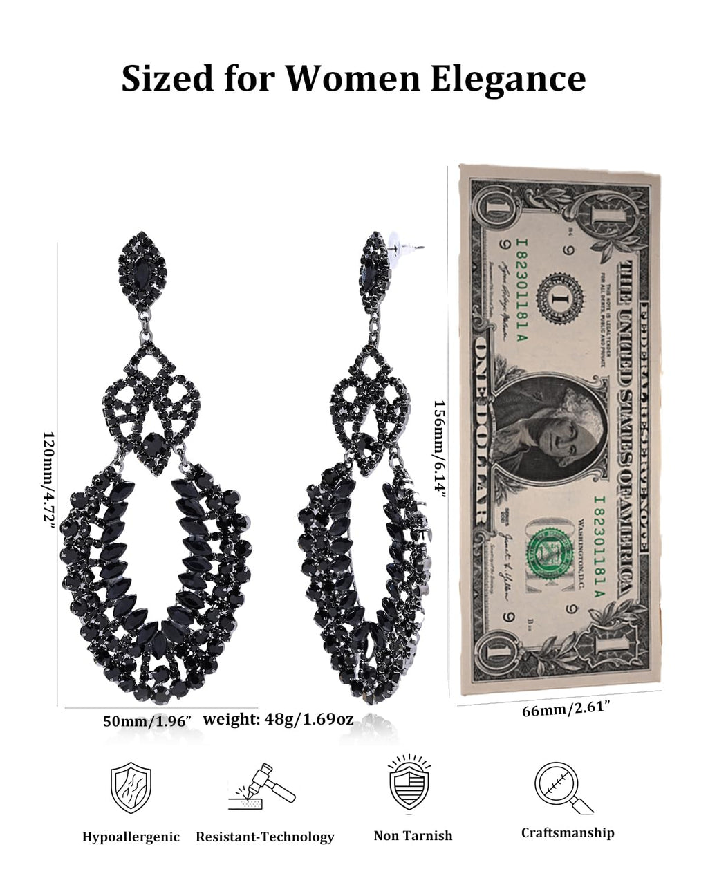 XSBODY Rhinestone Black Dangle Earrings for women Crystal Geometric Drop Statement Earrings Costume Jewelry (A-Black)