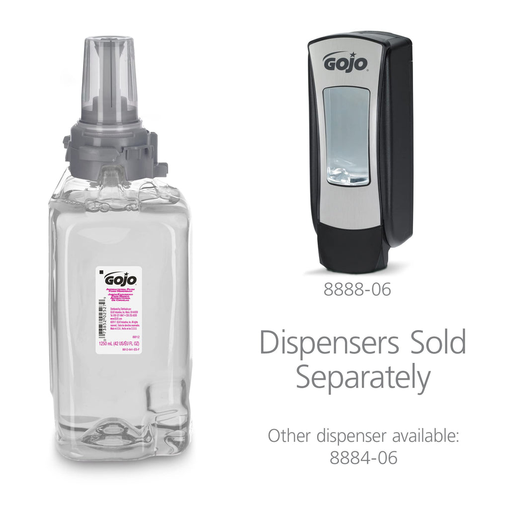 GOJO Antibacterial Foam Handwash, Plum Fragrance, 1250 mL Soap Refill ADX-12 Touch-Free Dispenser (Pack of 3) - 8812-03