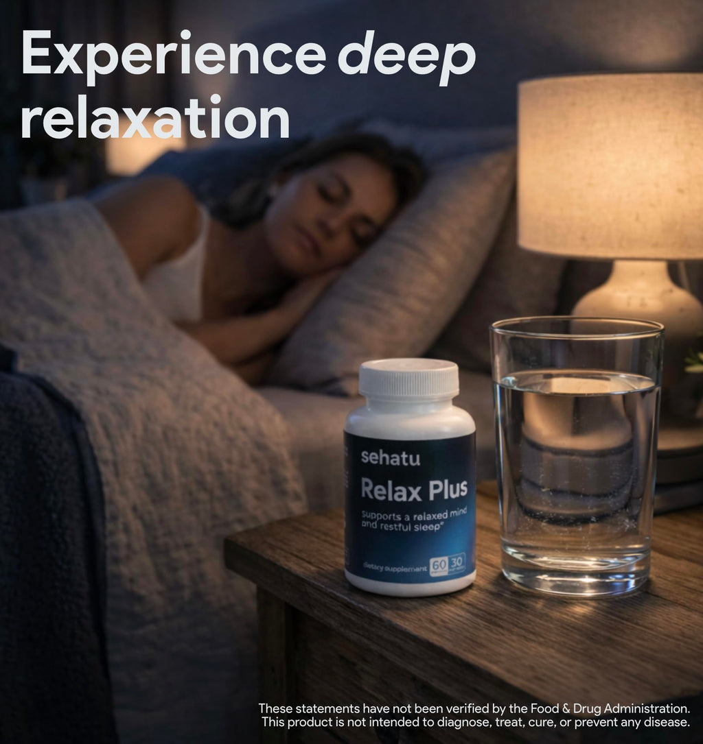 SEHATU Relax Plus Stress Relief Supplement | with GABA, L-Theanine, Ashwagandha, Valerian Root | Supports A Relaxed Mood and Restful Sleep | 60 Count | 30 Day Supply