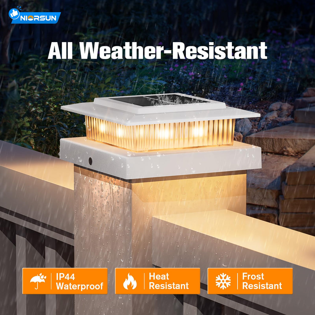 NIORSUN Solar Post Cap Lights Outdoor Waterproof, 4x4 Post Solar Lights 2 Color Modes, Fence Posts Solars Light for Deck Patio Garden Deco, 4x4 Posts Caps Wood Vinyl, 5x5 Vinyl, 6 Pack (White)