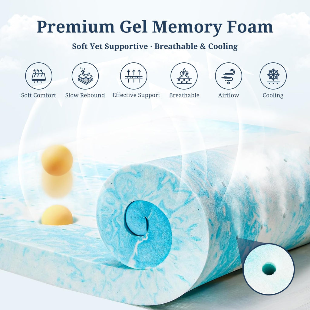 Mattress Topper Queen, 3 Inch Gel Memory Foam Bed Topper for Queen Size Bed, CertiPUR-US Certified, Blue