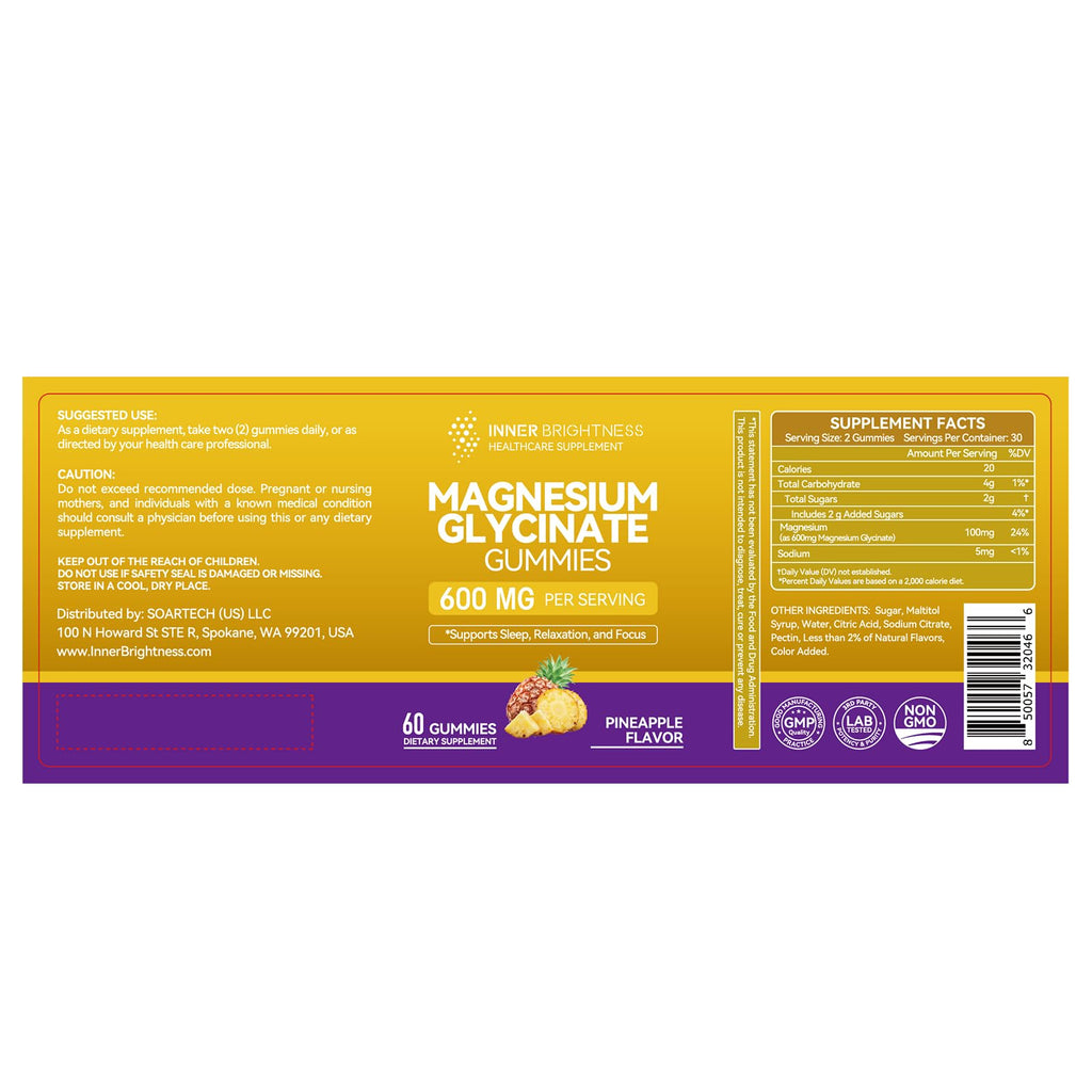 Magnesium Glycinate Gummies 600mg, Non-GMO, Gluten-Free, Magnesium Gummies for Adults & Kids, Sleep, Relaxation & Focus, Pineapple Flavor, 60 Count