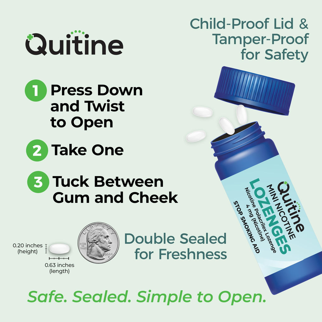 Quitine Mini Nicotine Lozenges 4mg, Mint Flavor, Stop Smoking Aid – Relieve Nicotine Cravings with Effective, Affordable NRT | Long-Lasting Flavor, 216 Count, Smoking Cessation that Works