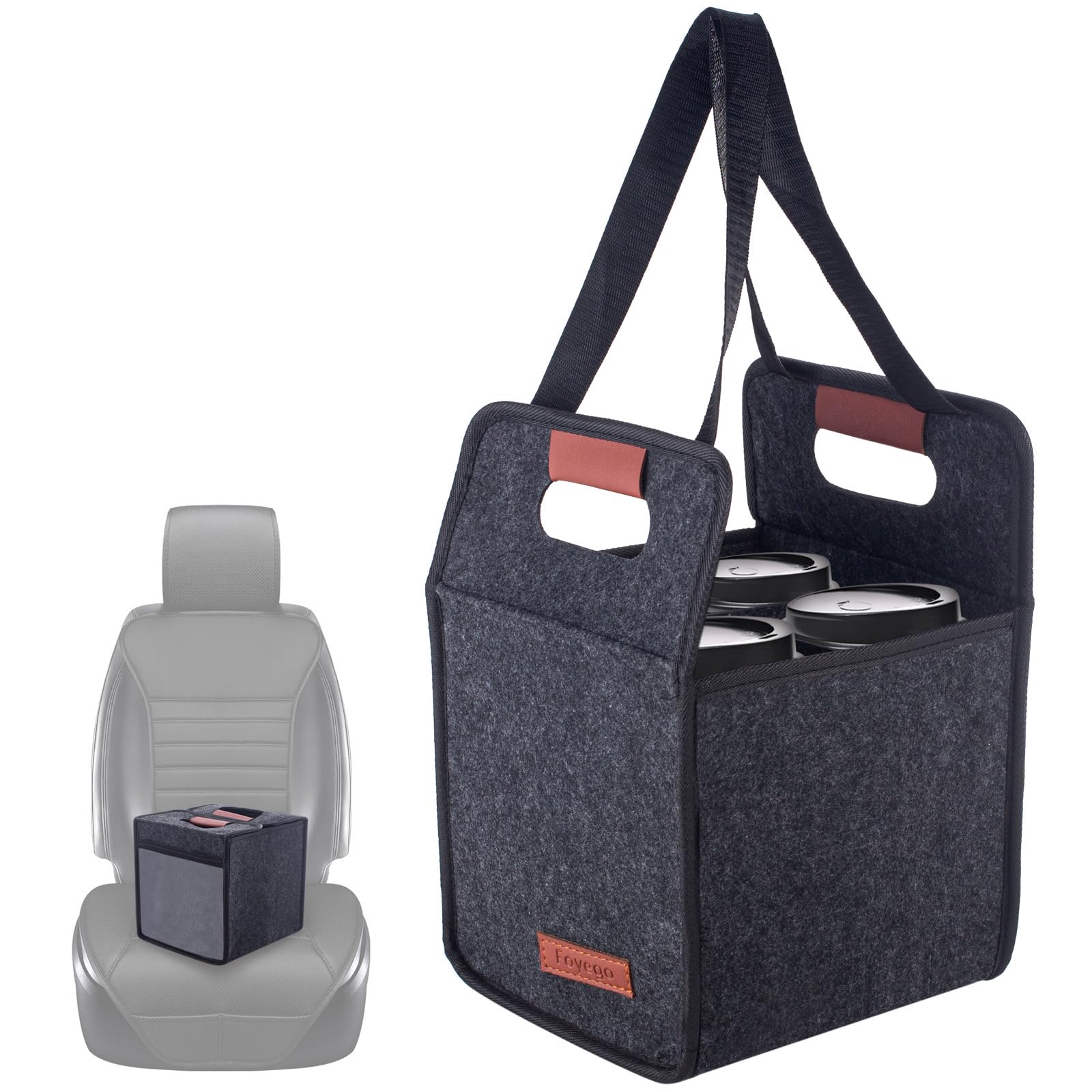 Foyego 4 Cup Drink Carrier with Handle, Reusable Insulated Drink Caddy Drink Holder for Car, Folding Portable Coffee Cup Holder Bag for Travel and Delivery