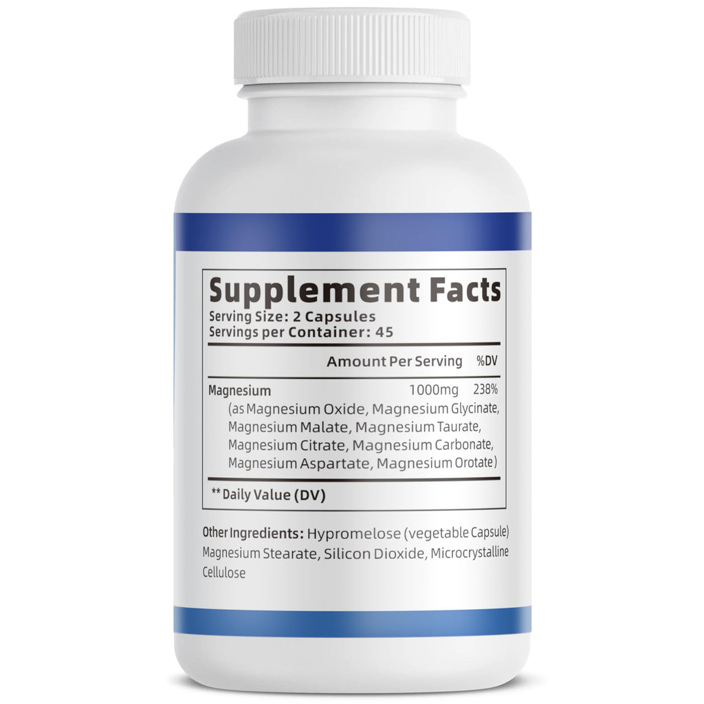 1000mg Magnesium Complex for Women & Men*, 8 Elemental with Magnesium Glycinate, Citrate, Malate, Taurate, Oxide, Carbonate, Aspartate, Orotate for Bones, Muscle, Recovery, Energy, Vegan, 90 Capsules