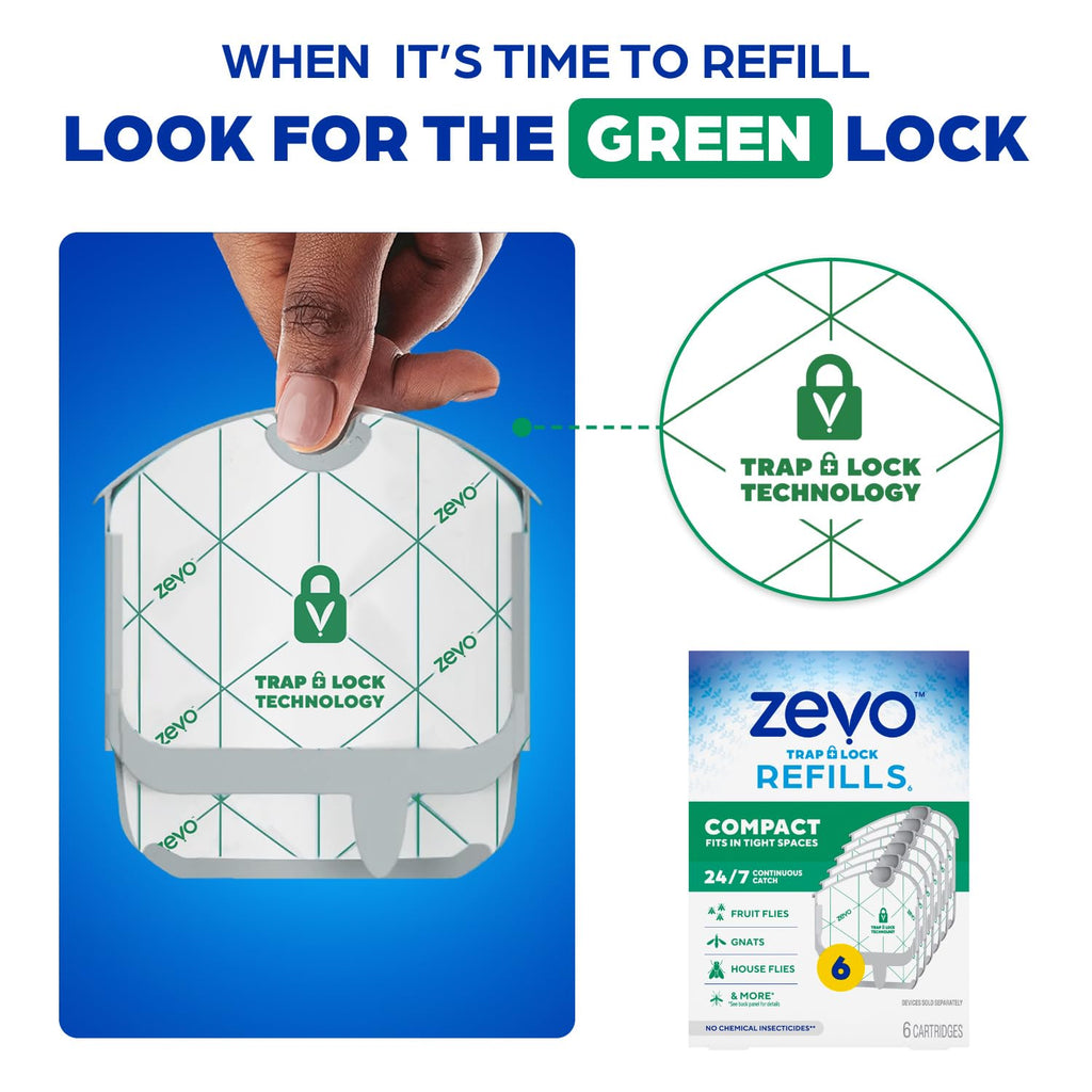 Zevo Compact Flying Insect Trap Official Refill Cartridges - Fits Zevo Compact & Plant Indoor Plug-in Trap, Authentic Trap + Lock Technology to Catch Gnats, House & Fruit Flies (6 Official Refills)