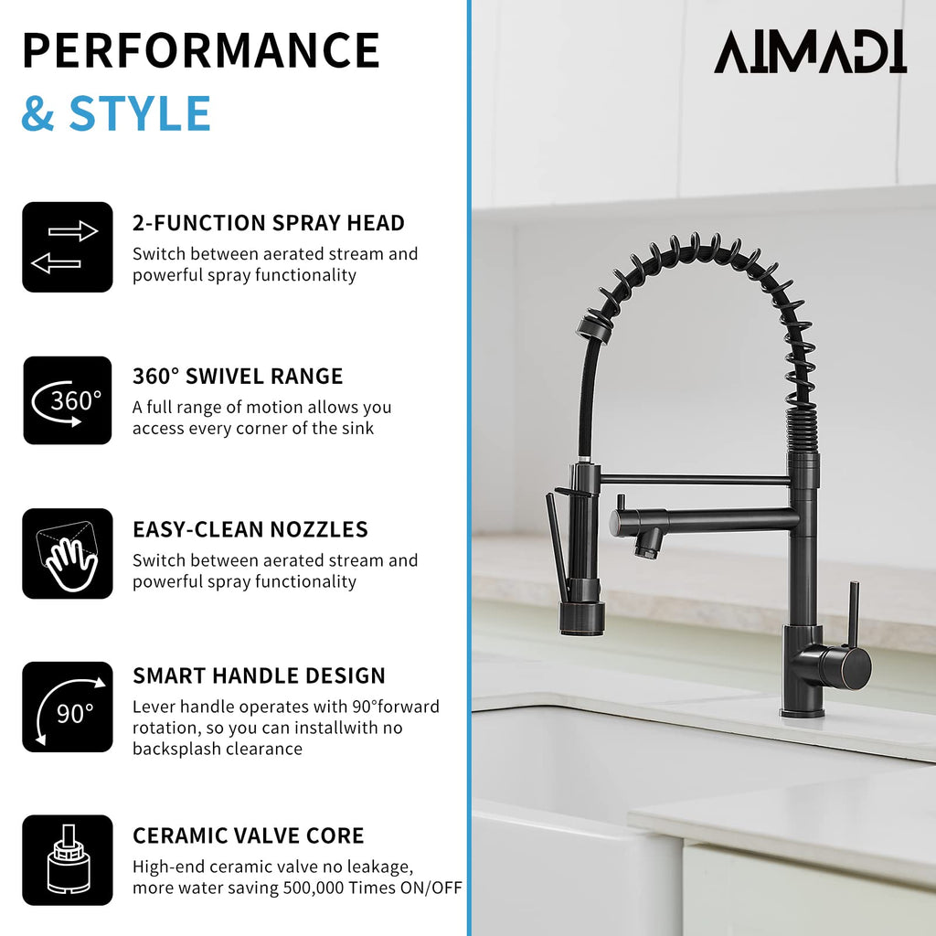 Oil Rubbed Bronze Kitchen Faucet,AIMADI Commercial Style Spring Kitchen Sink Faucet,Modern Single Handle Single Hole Kitchen Faucets with Pull Down Sprayer
