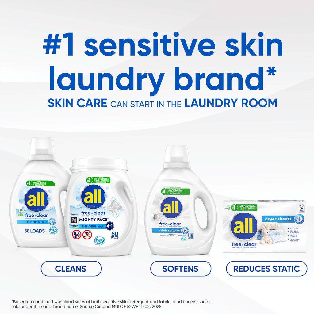 all free clear MIGHTY PACS Odor Relief, Laundry Detergent Pacs, 56 Count, Unscented and Hypoallergenic for Sensitive Skin, Dermatologist Tested, HE Safe