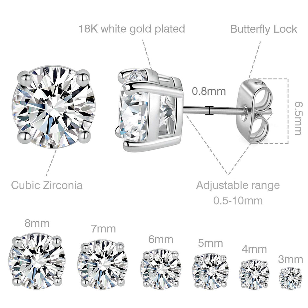18K White Gold Plated Round Cubic Zirconia Stud Earrings Pack, 6 Pairs