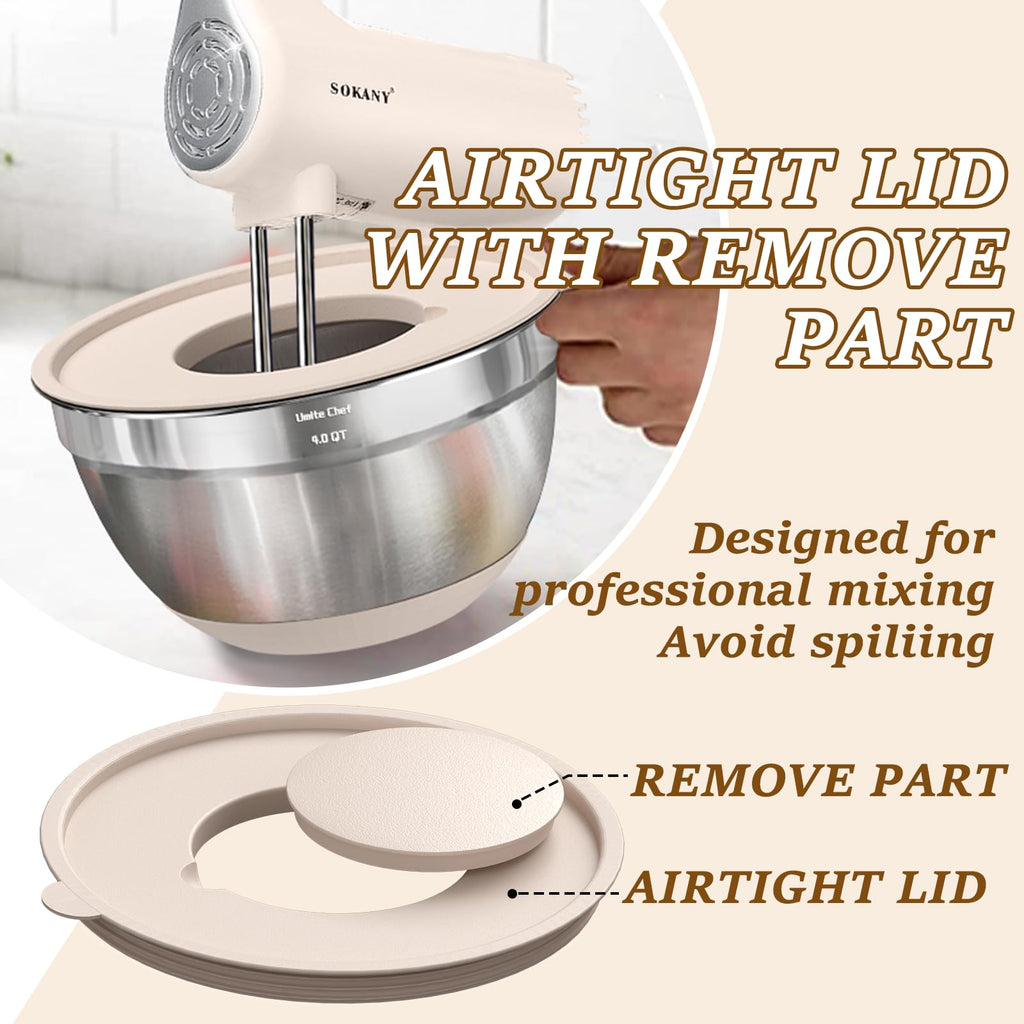 Umite Chef Mixing Bowls with Airtight Lids Set, 8PCS Stainless Steel Nesting Bowls with Grater Attachments, Non-Slip Bottoms, 5, 4, 3.5, 2, 1.5QT for Mixing & Serving