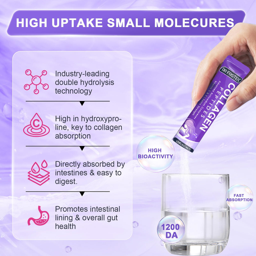 DRFOSTER Collagen-Peptides-Powder-Packets - Multi Type I II III V X Collagen for Women with Antioxidant Blend + Vitamin C & E for Skin, Hair, Nail & Joint, Non-GMO, 30 Stick Packs