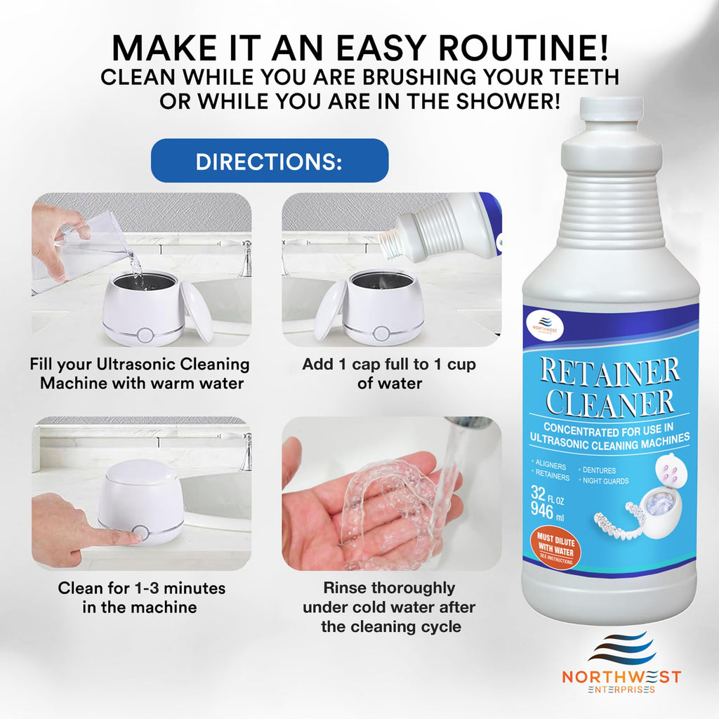 NORTHWEST ENTERPRISES Ultrasonic Retainer Cleaner Solution Concentrate - Denture Cleaner for Ultrasonic Machines - Cleans Mouthguards, Invisalign and Nightguards - Odor, Stain & Discoloration Remover