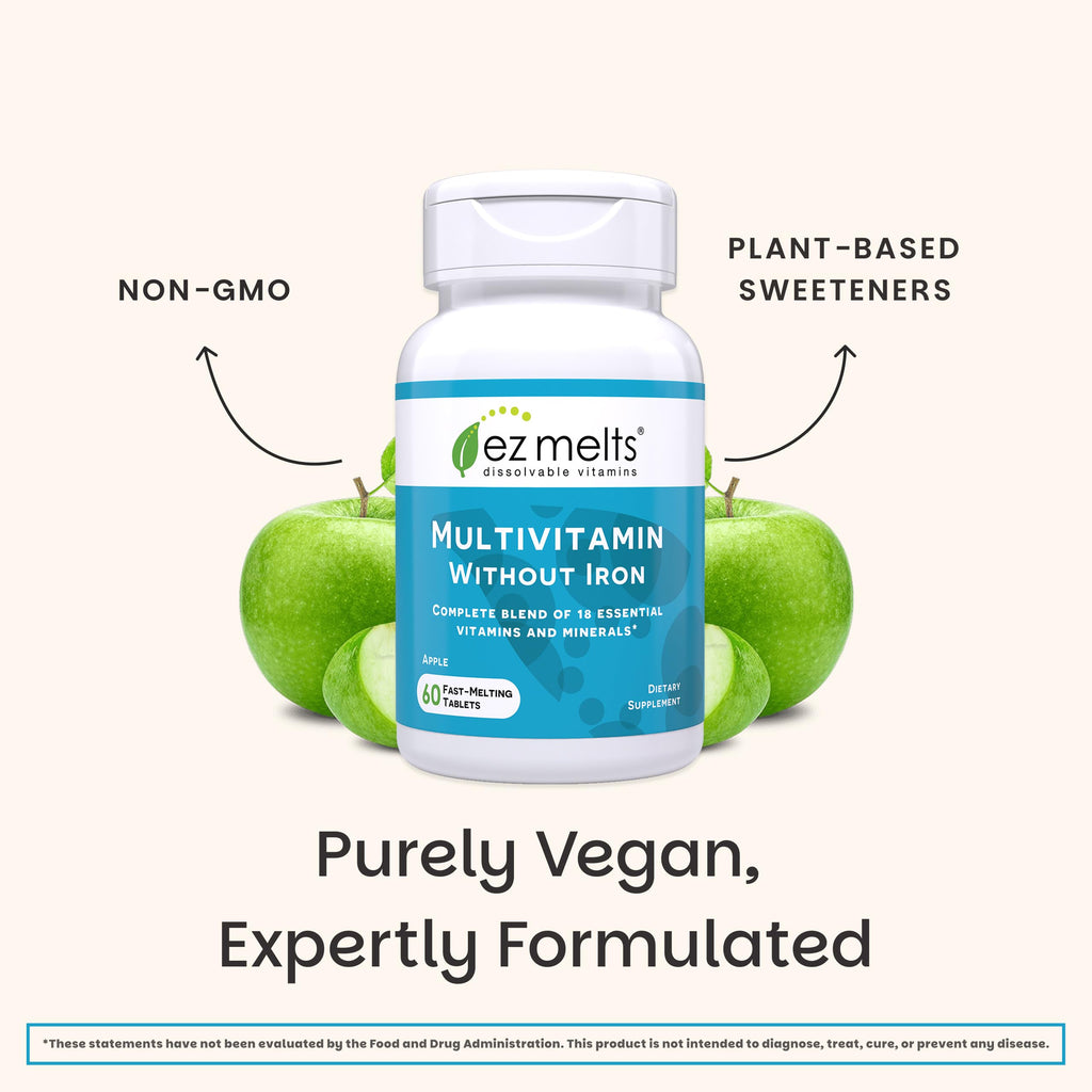 EZ Melts Multivitamin Without Iron - Daily Supplement with 18 Vitamins & Minerals - Contains Vitamin C, Folate, Biotin & More - Non-GMO & Vegan - Apple - 60 Dissolvable Tablets (30 Servings)