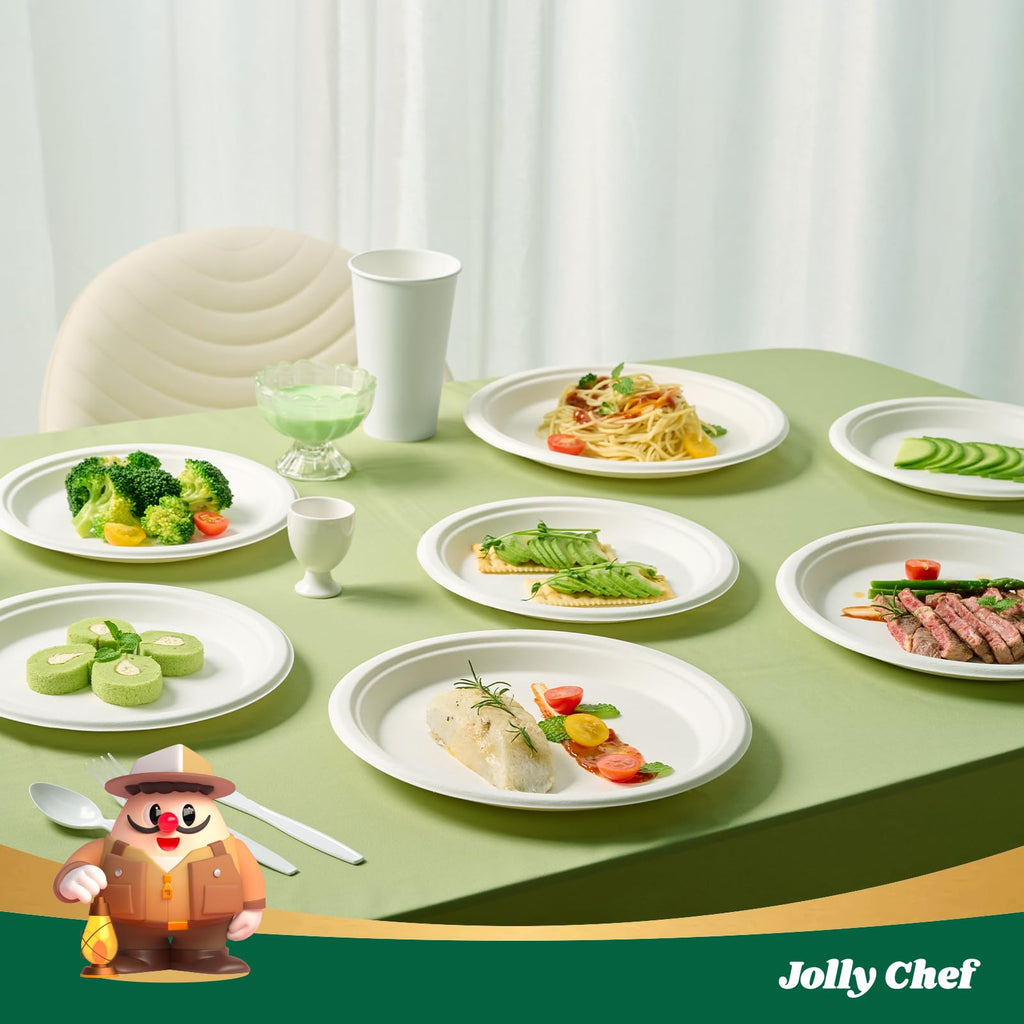 JOLLY CHEF Compostable Heavy Duty Plates 𝟭𝟬 𝗜𝗻𝗰𝗵 [𝟯𝟬𝟬 𝗣𝗮𝗰𝗸] Eco-Friendly Disposable White Uncoated Paper Plates Bagasse Sugarcane Biodegradable for Hot Cold Food Party Dinner Weddings