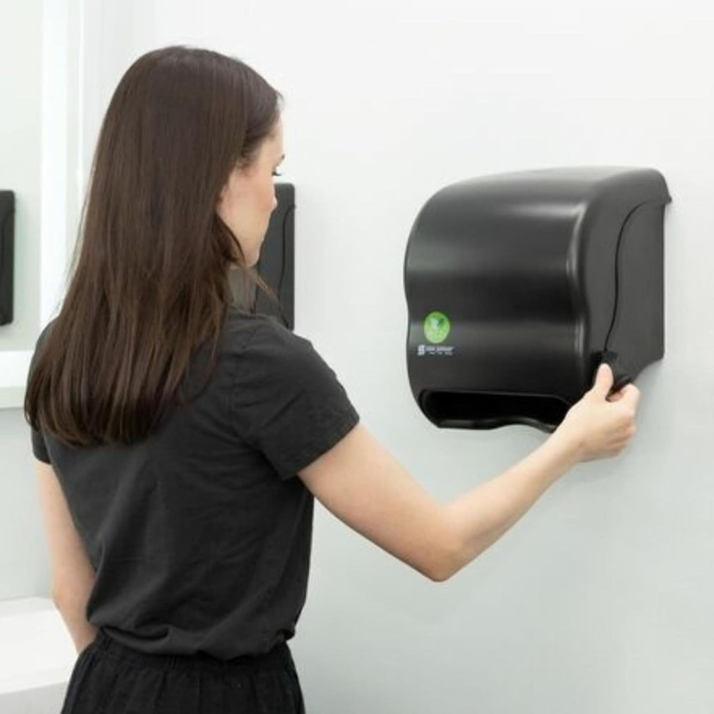 San Jamar Ecologic Element Recycled Plastic Lever Paper Towel Dispenser, Manual Towel Dispenser, Wall Mounted Dispenser with Zero Waste for Home and Business, 8 Inch Rolls, Black