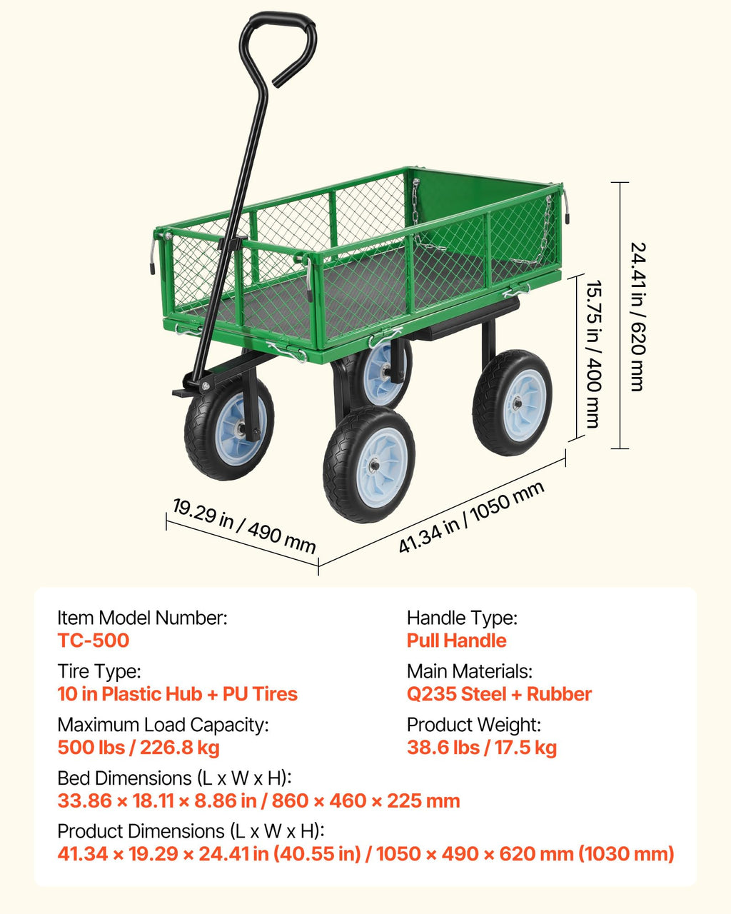 VEVOR 500 LBS Steel Garden Cart with Work Seat, Heavy Duty Garden Wagon Cart on Wheels, Outdoor Metal Utility Yard Wagon Gardening Stool with 10inch Flat Free Tires & Adjustable Handle, Green