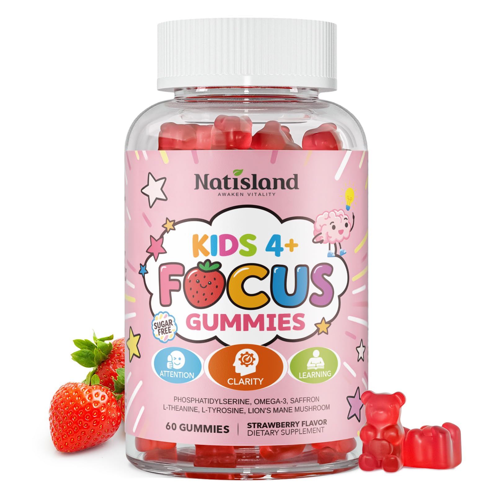 NATISLAND Focus Gummies for Kids, Brain Supplements with Phosphatidylserine, Omega-3 & Saffron, for Kids Memory, Focus & Attention Support, Sugar Free, Vegan, Strawberry Flavor, 60 Chewable