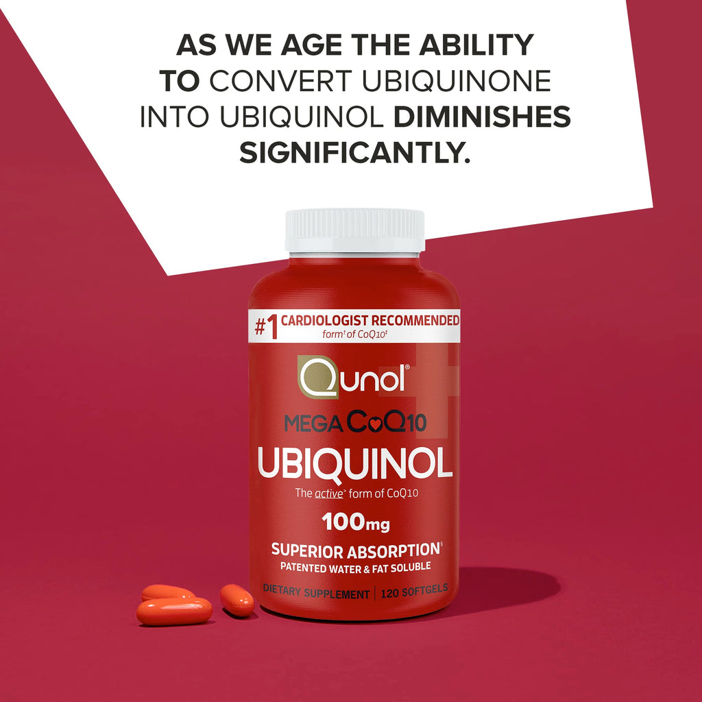 Qunol Mega Ubiquinol CoQ10 100mg, Superior Absorption, Patented Water and Fat Soluble Natural Supplement Form of Coenzyme Q10, Antioxidant for Heart Health, 240 Count Softgels, 120 Count (Pack of 2)