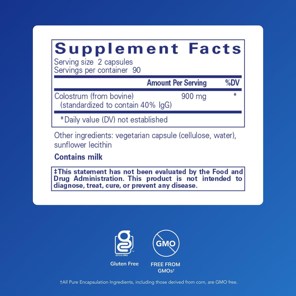 Pure Encapsulations Colostrum | 40% IgG Highly Concentrated Immune Support | 180 Capsules