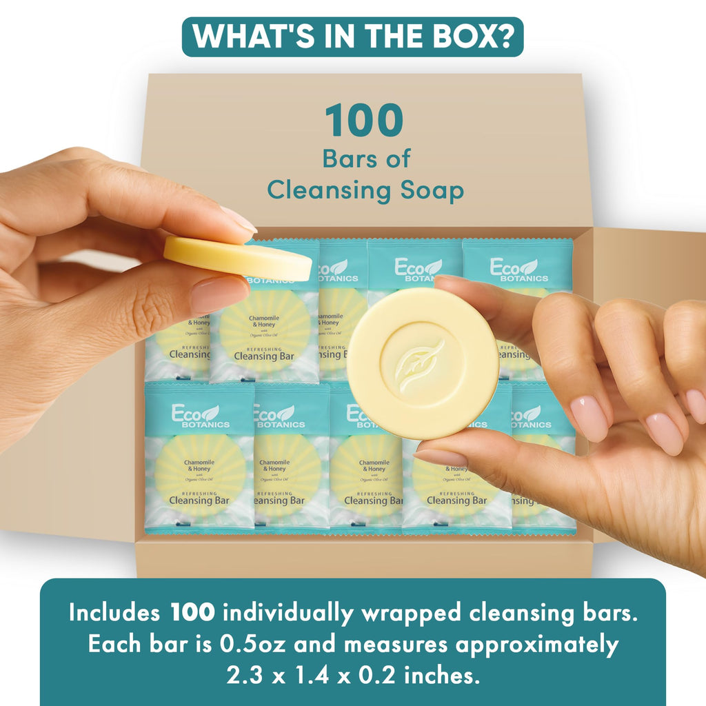 Eco Botanics Travel Size Hotel Cleansing Soap Bar 100 Count 0.5 oz Bottles Guest Amenities for Hotels Vacation Rentals & Short Term Rentals Paraben Free White Tea Scent with Aloe & Olive Oil
