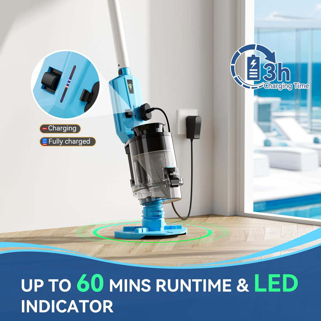 Cordless Pool Vacuum with Telescopic Pole, Powerful 30 GPM Suction, Advanced Dual Filtration, Replaceable Battery, 1H Runtime, Handheld Pool Cleaner for Above Ground and Inground Pools, Blue