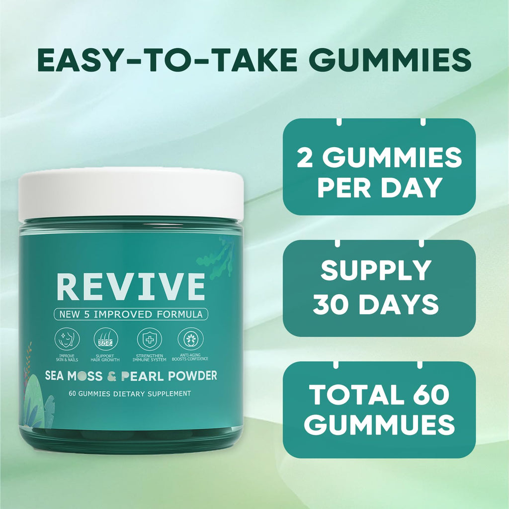 KLUNIZ Revive Hair Gummies, Balmbare Revive Gummies for Hair, Promotes Thicker, Fuller, Stronger Hair, with Organic Irish Sea Moss, Pearl Powder Glow, Vitamin C/E, Aloe Vera, 60 Count