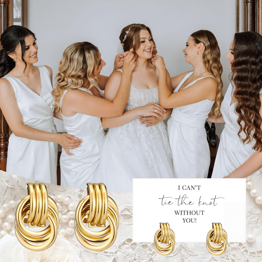Nosiny 8 Sets Bridesmaid Jewelry Set Gold Pearl Drop Knot Earrings with 8 Pcs I Can't Tie The Knot Without You Cards Proposal Gifts Wedding Thank You Gifts for Bridesmaids