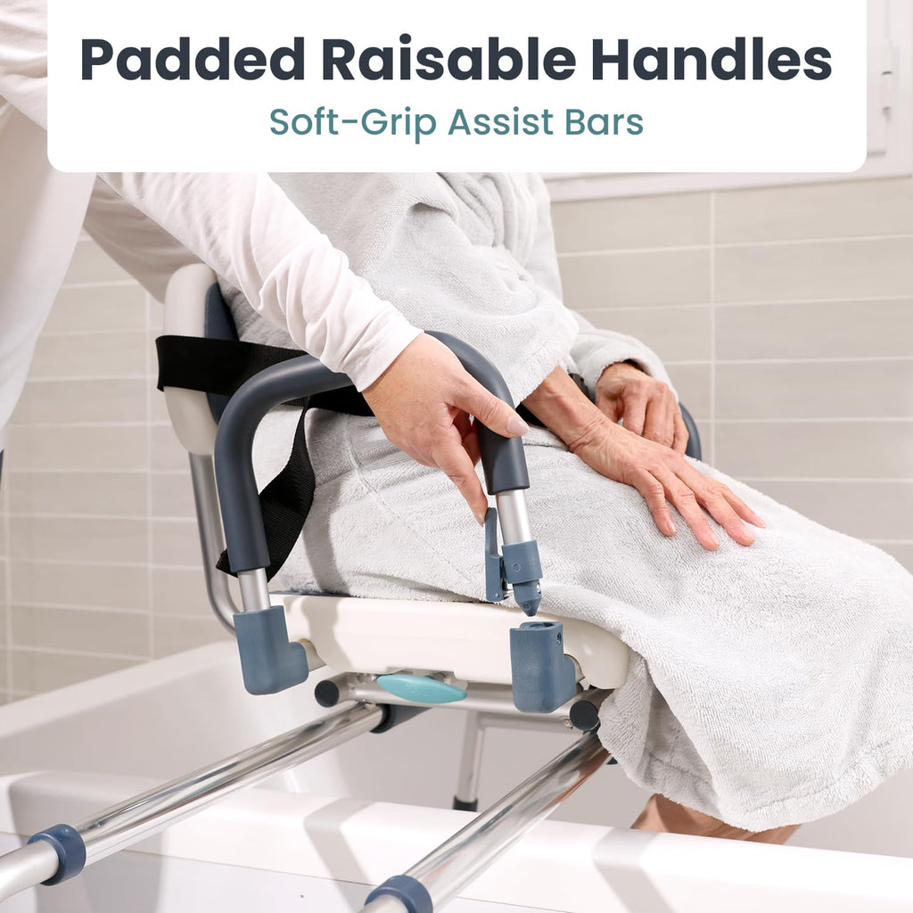 Sliding Shower Chair Tub Transfer Bench with Swivel Seat, Shower Bench for Elderly and Disabled, with Security Belt, 360 Rotation, Slides and Rotates, Adjustable,one Touch Slide Button, Dark Blue
