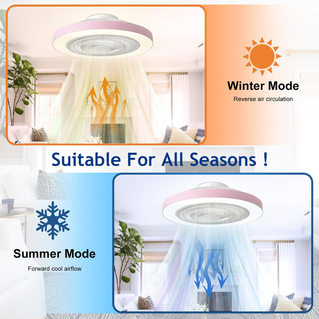 Depuley Bedroom Ceiling Fan with Light: 19" Modern LED Flush Mount Low Profile Ceiling Fans with Remote & Smart APP Control - Pink Enclosed Bladeless Fandelier Dimmable Quiet DC Motor for Kids Room