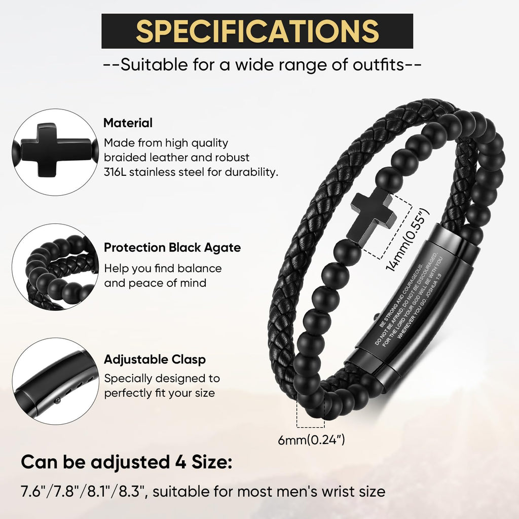 VNOX Mens Bracelet for Men - Double-Row Black Braided Leather Bracelets for Men,Stainless Steel Cross Bible Verse Jewelry with Black Onyx Beads Bracelets Religious Gifts for Christian,4