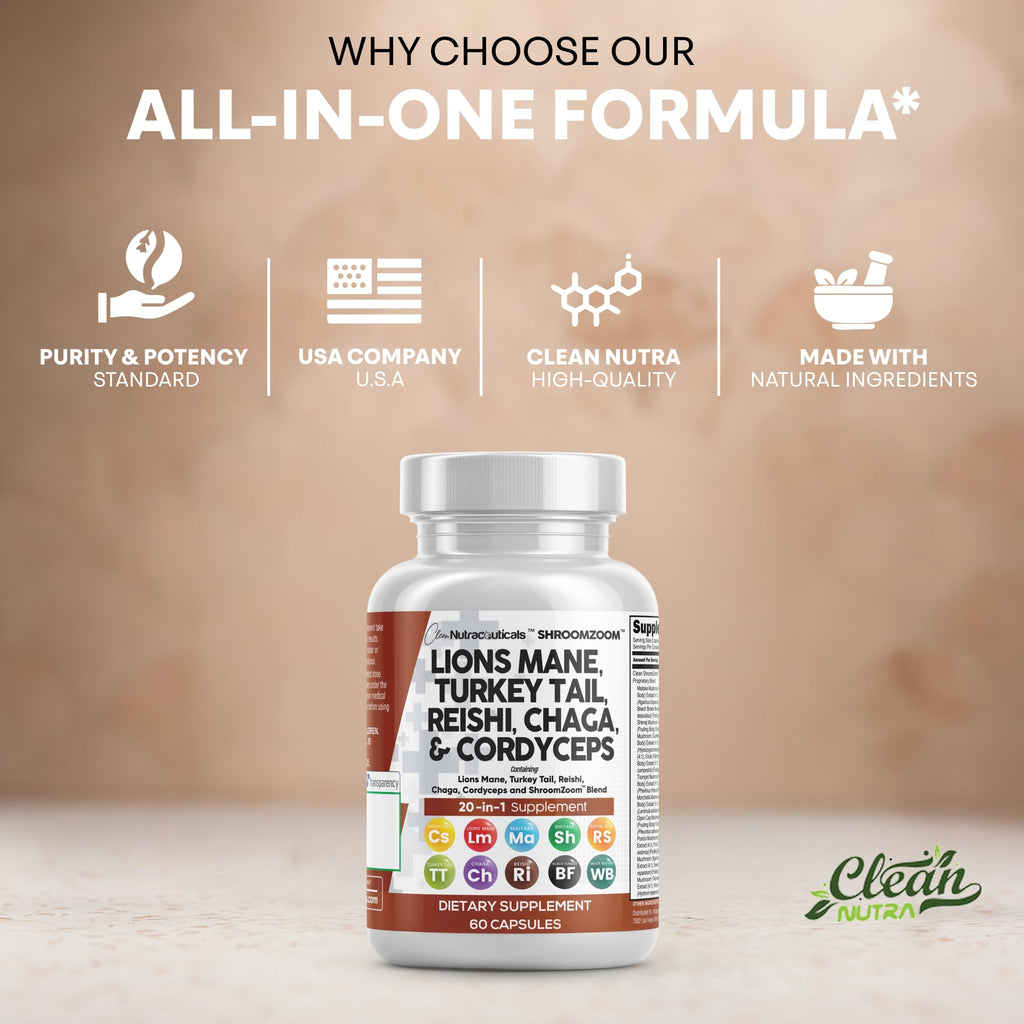 Clean Nutraceuticals Lions Mane 20in1 Mushroom Supplement with Turkey Tail Reishi Cordyceps Chaga Maitake Meshima Poria Cocos Shiitake Oyster Porcini Enoki - 1 Pack
