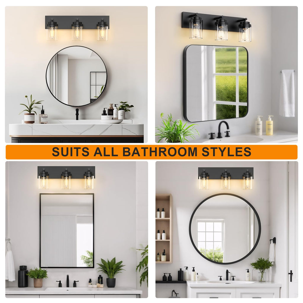 IZORRO Bathroom Vanity Light Fixture, 3-Light 22 Inch Matte Black Bathroom Light Fixtures Over Mirror, with Clear Glass Shade, Modern Farmhouse Vanity Lights, Rustic Restroom Lighting Fixtures