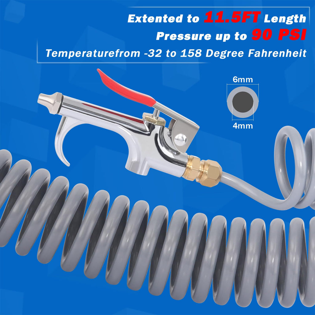 Boeray Heavy Duty Truck Air Seat Blow Gun Kit 1/4 Inch 11.5FT PA Nylon Coil Air Hose Brass Compression Fittings Connect Lever Air Duster Blow Gun Cleaning with 2 Nozzle Tips Gray