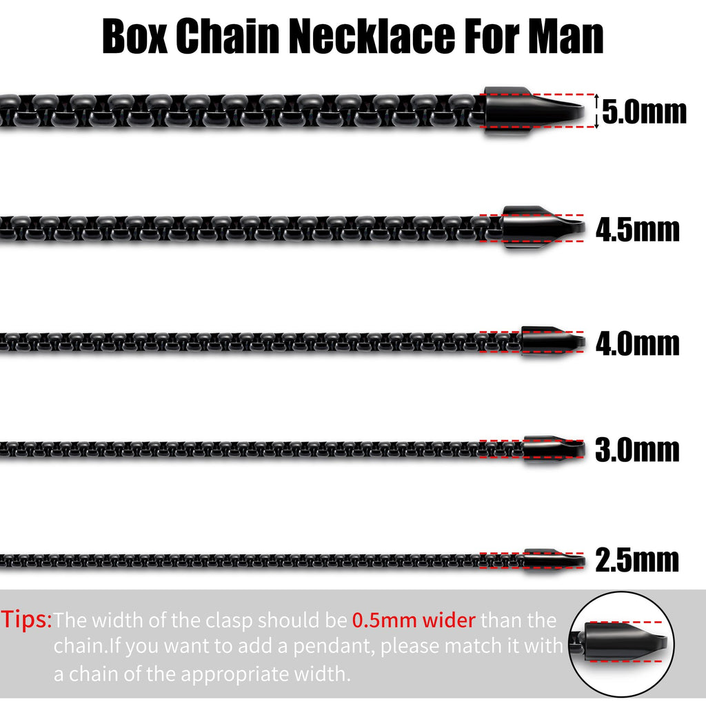 Fiusem Black Chain for Men, 3mm Stainless Steel Necklace for Men and Women, Box Chain 24 Inches
