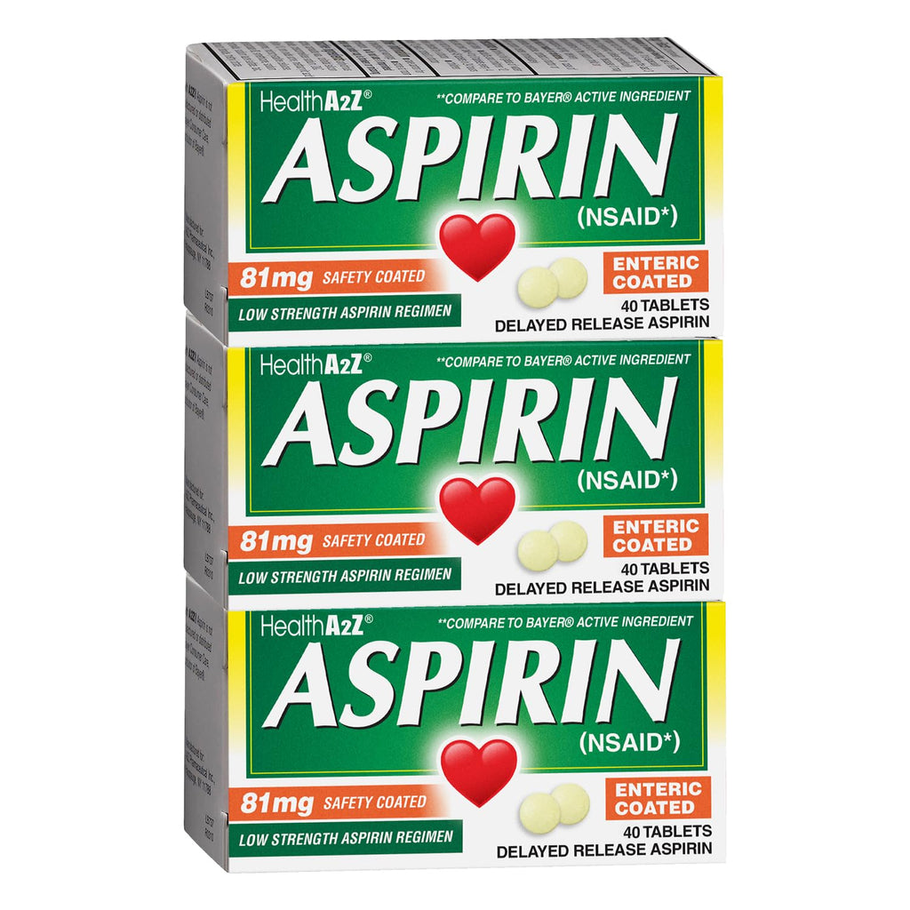 HealthA2Z® Aspirin 81 mg | Low Strength | Enteric Coated | Pain Relief | Reduces Minor Aches Muscle Pain & Cramps | Fever Reducer | Reduces Headache (40 Counts (Pack of 3))
