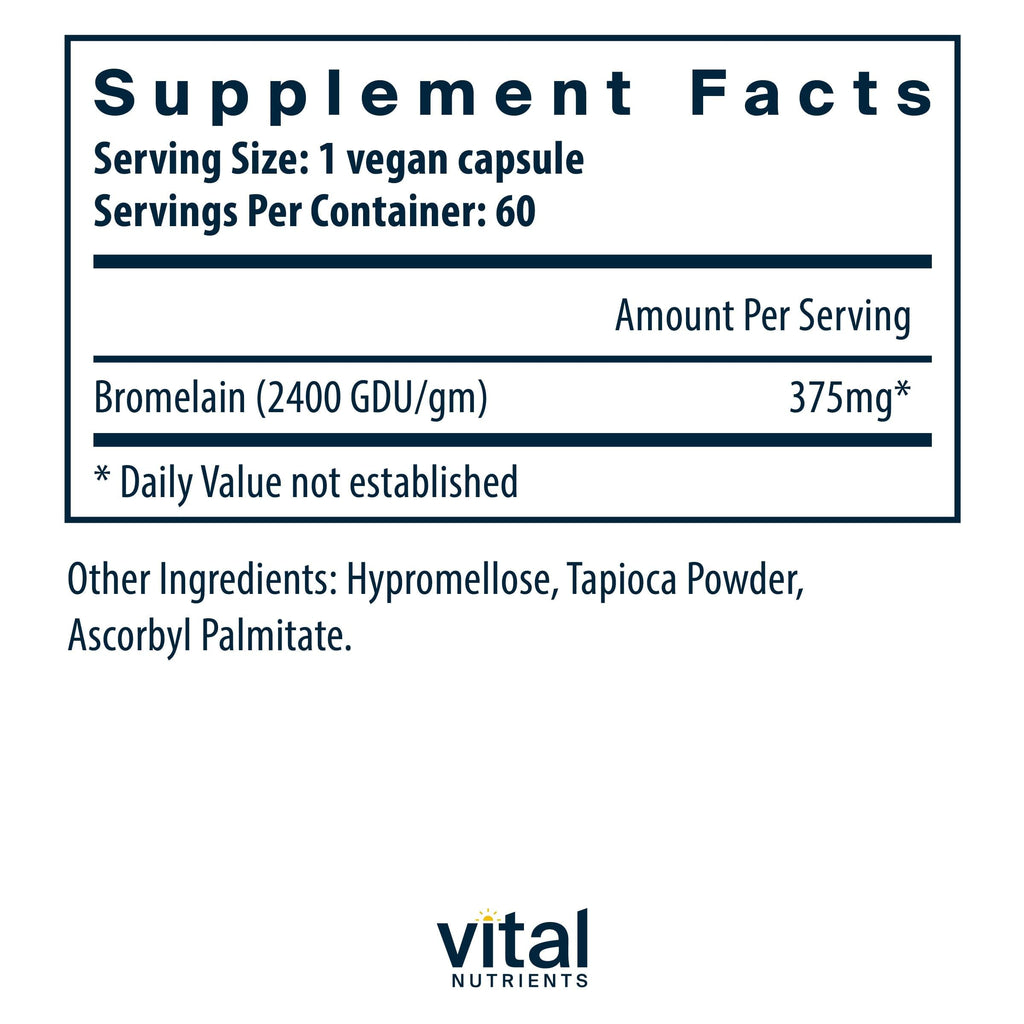 Vital Nutrients Bromelain 2400 GDU - Vegan Bromelain Supplement to Support Protein Digestion* - Digestive Enzyme from Pineapple - Gluten, Dairy, Soy Free - Non-GMO - 60 Capsules