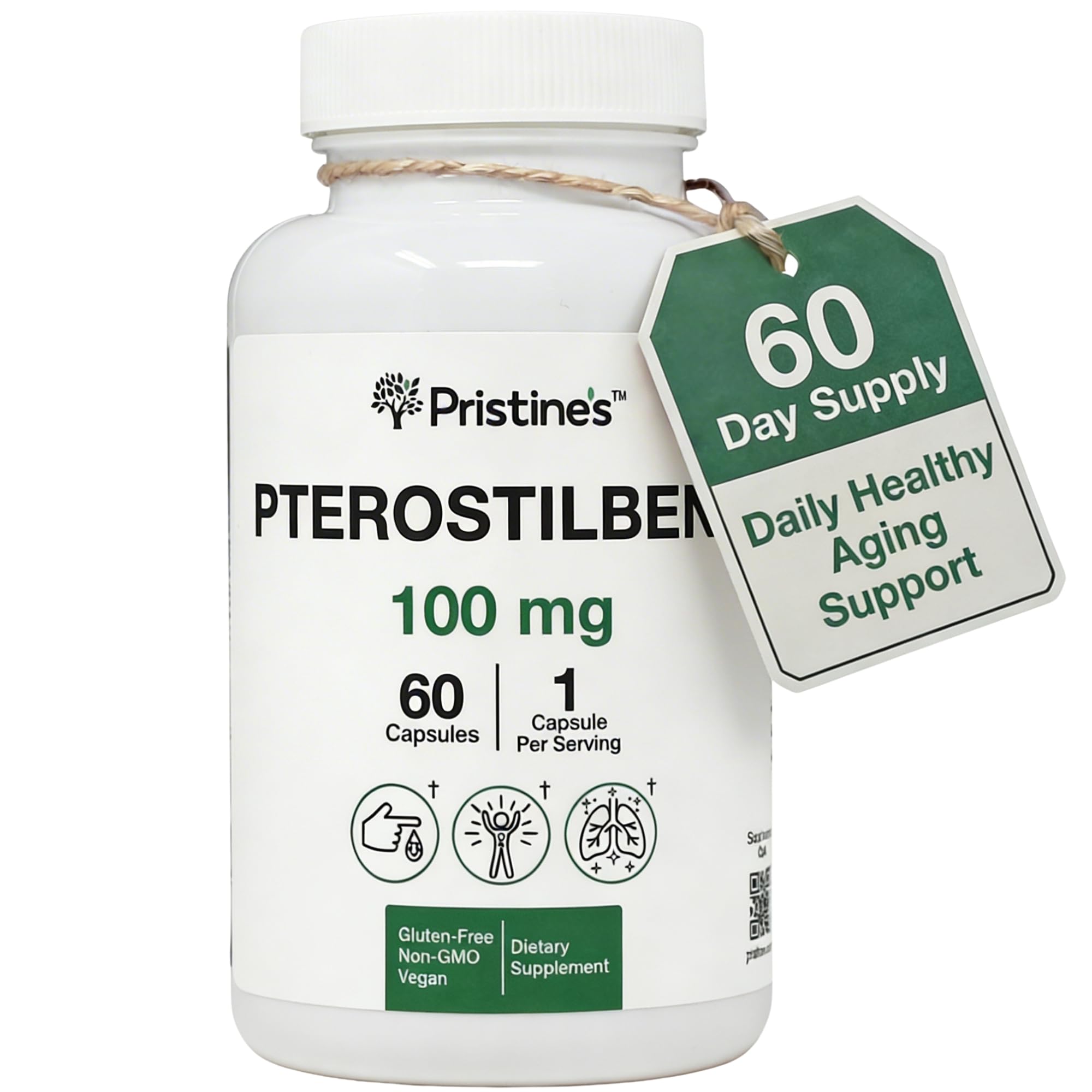 PRISTINE'S Pterostilbene 100mg Anti Aging Supplement Capsules - 60 Day Supply - Lung Health & Mental Clarity Antioxidant - High Bioavailability Vegan Non GMO