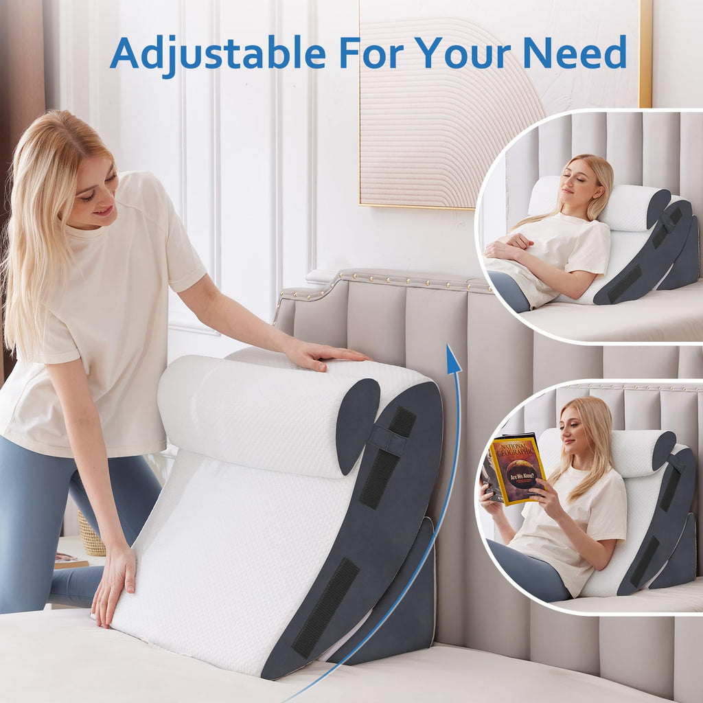 Ahpmeoa 5Pcs Wedge Pillow Set for After Surgery, Orthopedic Bed Wedge Pillow Set for Post Surgery, Acid Reflux Relief, Sleeping, Back Pain Relief, Adjustable Back Pillow for Bed Sitting up, White/Grey