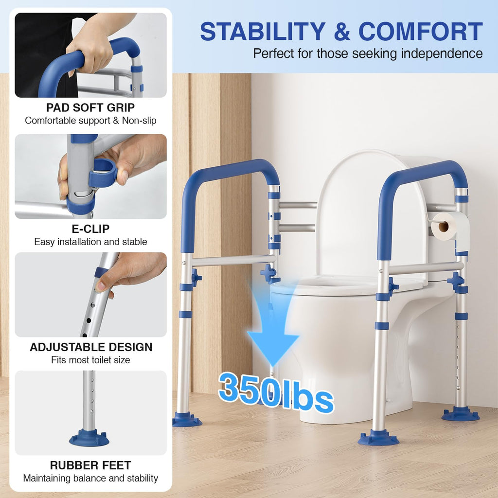Loyoda Foldable Toilet Safety Rails for Seniors - Adjustable Toilet Safety Frame & Toilet Handles for Elderly & Disabled, Fits Most Toilets, 350lb Capacity, Blue